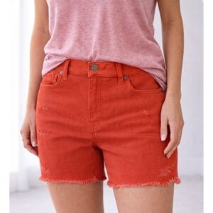 Old Navy Boyfriend Distressed Shorts Size 6 | Orange Red Frayed Hem Denim Shorts